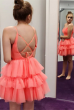 Promfast V Neck Layered Coral Short Prom Dresses Homecoming Dresses HZ0527