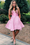 Promfast Charming Pink Satin A line V Neck Short Homecoming Dresses With Pockets HZ0527