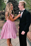 Promfast Charming Pink Satin A line V Neck Short Homecoming Dresses With Pockets HZ0527