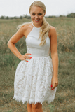 Promfast A Line Ivory Lace Halter Neckline Backless Short Homecoming Dress HZ0527