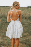Promfast A Line Ivory Lace Halter Neckline Backless Short Homecoming Dress HZ0527