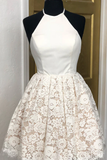 Promfast A Line Ivory Lace Halter Neckline Backless Short Homecoming Dress HZ0527