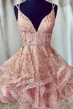 Promfast V Neck Short Champagne Lace Prom Dresses with Corset Back, Short Lace Formal Homecoming Graduation Dresses HZ0527