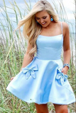 Promfast Light Blue Satin Homecoming Dresses With Pockets, Short Party Dresses HZ0527