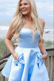 Promfast Light Blue Satin Homecoming Dresses With Pockets, Short Party Dresses HZ0527