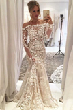 Promfast Mermaid Off the Shoulder Long Sleeves Ivory Tulle Wedding Dress with Appliques HZ0527