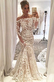 Promfast Mermaid Off the Shoulder Long Sleeves Ivory Tulle Wedding Dress with Appliques HZ0527