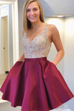 Promfast Burgundy See Through Beaded Homecoming Dresses with Pockets HZ0527