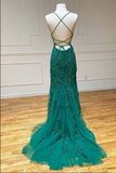 Promfast Green Lace Mermaid Backless Spaghetti Straps Prom Dresses, Evening Gown HZ0527