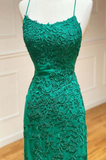 Promfast Green Lace Mermaid Backless Spaghetti Straps Prom Dresses, Evening Gown HZ0527