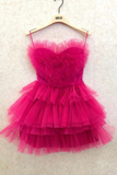 Promfast Hot Pink Spaghetti Straps Homecoming Dress With Layers, Party Gown, Graduation Dress HZ0527