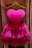 Promfast Hot Pink Spaghetti Straps Homecoming Dress With Layers, Party Gown, Graduation Dress HZ0527