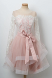 Promfast A line Cute Pink Short Prom Dress Long Sleeve Scoop Lace Homecoming Dresses HZ0527