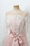Promfast A line Cute Pink Short Prom Dress Long Sleeve Scoop Lace Homecoming Dresses HZ0527