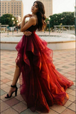 Promfast Burgundy Tulle A line V Neck High Low Long Prom Dresses, Evening Dresses HZ0527