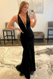 Promfast V Neck Mermaid Black Lace Long Prom Dress, Mermaid Black Formal Dress HZ0527
