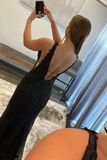 Promfast V Neck Mermaid Black Lace Long Prom Dress, Mermaid Black Formal Dress HZ0527