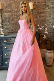 Promfast Shiny Pink Tulle Spaghetti Straps Sparkly Long Prom Formal Evening Dress HZ0527