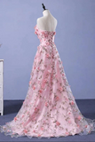 Promfast Pink Flower Appliques Strapless A line Long Prom Dresses, Evening Gowns HZ0527