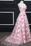 Promfast Pink Flower Appliques Strapless A line Long Prom Dresses, Evening Gowns HZ0527