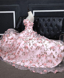 Promfast Pink Flower Appliques Strapless A line Long Prom Dresses, Evening Gowns HZ0527