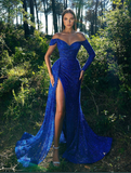 Mermaid Trumpet Sparkle High Split Prom Formal Evening Dress Off Shoulder Long Sleeve Party Dress HZ0527