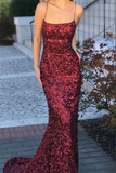 Sparkly Sequins Sheath Scoop Spaghetti Straps Sweep Train Prom Dresses HZ0527