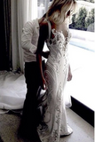 Luxurious Ivory Lace Open Back Mermaid V Neck Beach Wedding Dress HZ0527