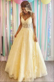 Yellow A Line Lace Appliques Spaghetti Straps Prom Dresses, Evening Gown HZ0527