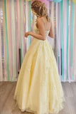 Yellow A Line Lace Appliques Spaghetti Straps Prom Dresses, Evening Gown HZ0527