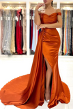 Rust Off the Shoulder Evening Dress Mermaid Satin Prom Dress with Flap HZ0527
