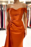 Rust Off the Shoulder Evening Dress Mermaid Satin Prom Dress with Flap HZ0527