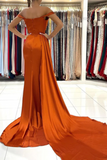 Rust Off the Shoulder Evening Dress Mermaid Satin Prom Dress with Flap HZ0527