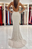Spaghetti Straps Pearl White Prom Dresses Sparkly Sheath Formal Dress HZ0527