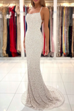 Spaghetti Straps Pearl White Prom Dresses Sparkly Sheath Formal Dress HZ0527