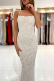 Spaghetti Straps Pearl White Prom Dresses Sparkly Sheath Formal Dress HZ0527
