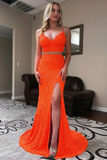 Two Piece Mermaid Orange Sequins Long Prom Formal Dress HZ0527