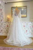 3D Flowers See Through Bodice Bridal Gown V Neck Wedding Dress with Detachable Sleeves HZ0527