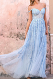Off Shoulder Light Blue Lace Long Prom Dress, Light Blue Lace Formal Dress HZ0527