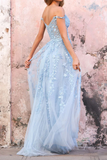 Off Shoulder Light Blue Lace Long Prom Dress, Light Blue Lace Formal Dress HZ0527