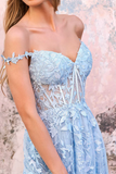 Off Shoulder Light Blue Lace Long Prom Dress, Light Blue Lace Formal Dress HZ0527