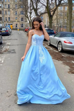 Sky Blue Satin A line Sweetheart Lace Appliques Prom Dresses, Evening Gown HZ0527