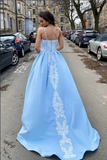 Sky Blue Satin A line Sweetheart Lace Appliques Prom Dresses, Evening Gown HZ0527