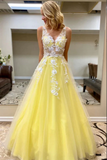Yellow Princess A line Sleeveless Lace Appliques Prom Dresses, Evening Gowns HZ0527