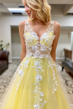 Yellow Princess A line Sleeveless Lace Appliques Prom Dresses, Evening Gowns HZ0527