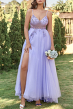 A Line V Neck Purple Beaded Long Prom Dress with High Slit HZ0527