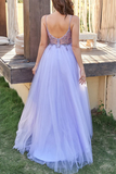 A Line V Neck Purple Beaded Long Prom Dress with High Slit HZ0527