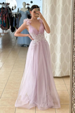 A Line V Neck Lilac Lace Long Prom Dress, Formal Dress HZ0527