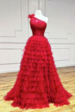 One Shoulder Red Lace Prom Dresses, Evening Dresses HZ0527