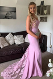 Lavender Lace Mermaid Prom Dresses With Train, Lace Bridesmaid Dress HZ0527